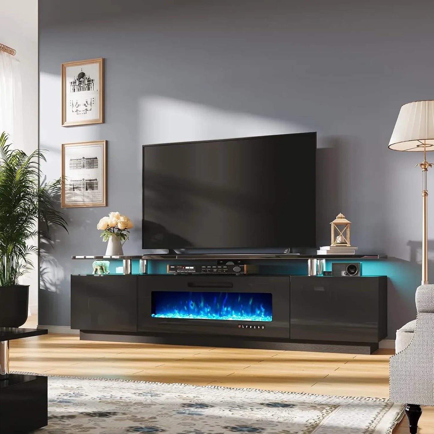 Modern High Gloss Fireplace Entertainment Center LED Lights