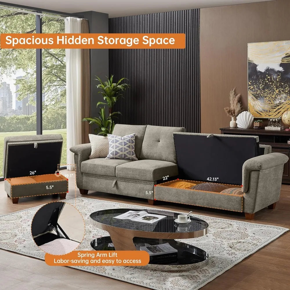 Modern Convertible L Shaped Sectional 4 Seat Sofa with Storage and Cup Holder