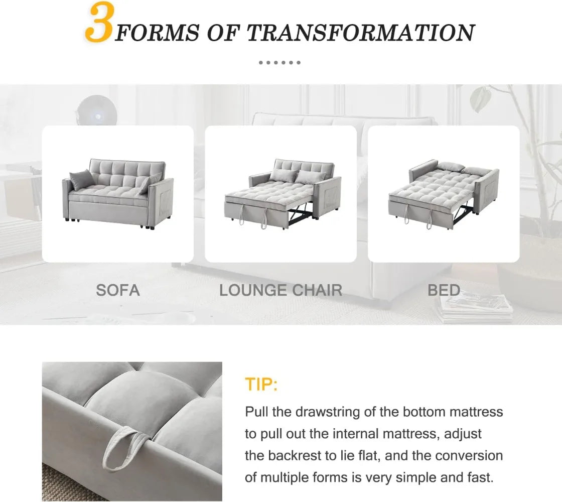 Modern Velvet Futon Sofa Bed 3 in 1 Convertible with Adjustable Backrest