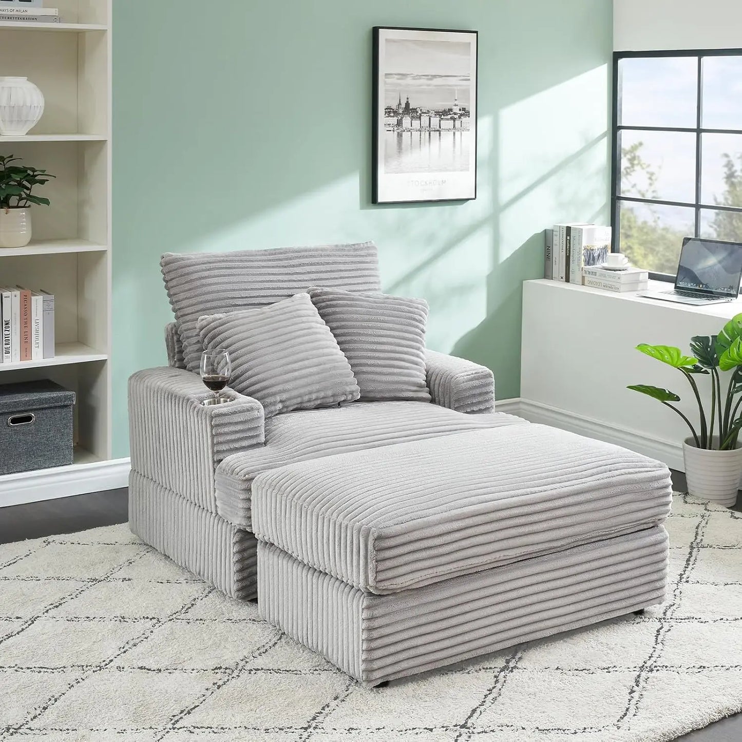 39" Wide Plush Corduroy Oversized Armchair with Ottoman with Cup Holder