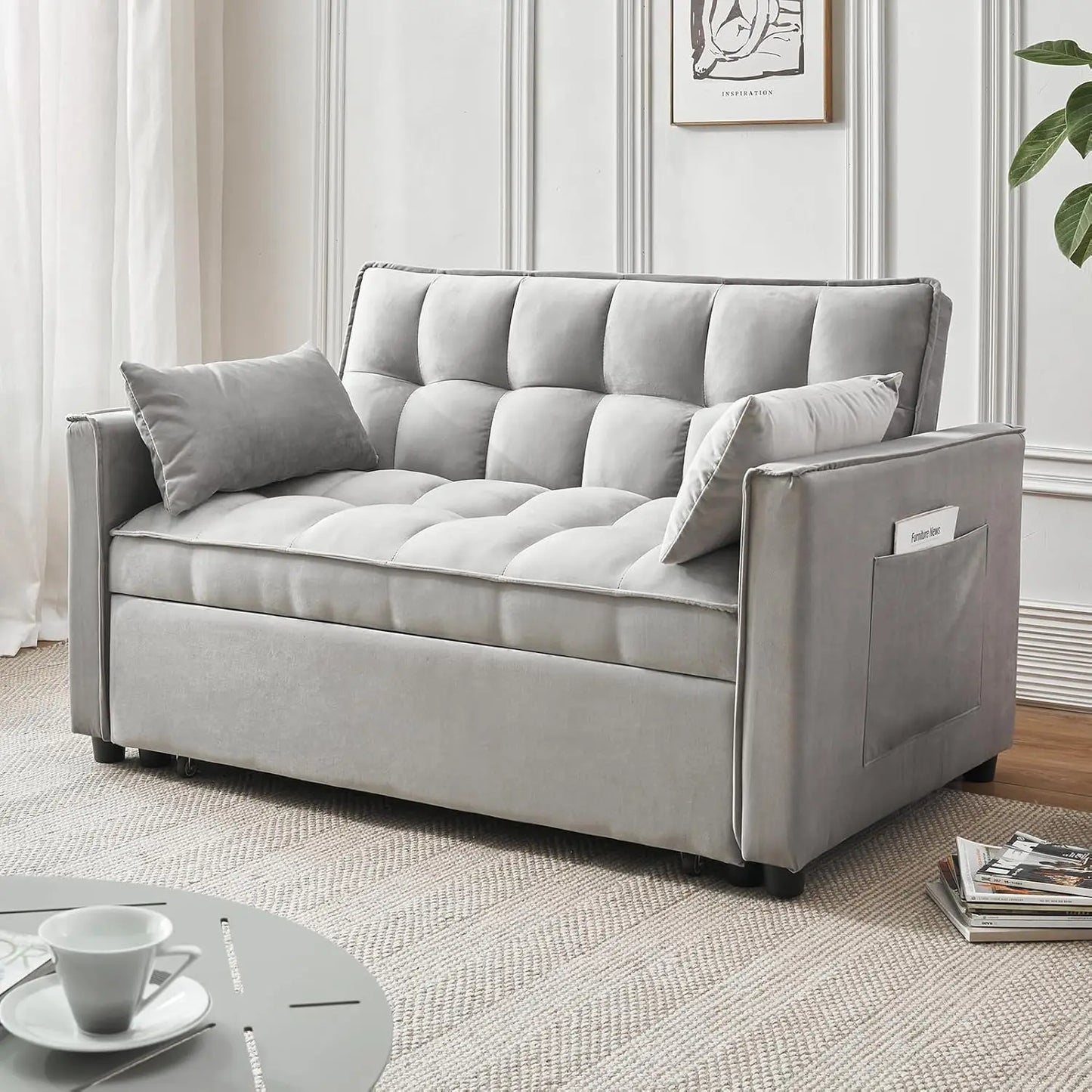 Modern Velvet Futon Sofa Bed 3 in 1 Convertible with Adjustable Backrest