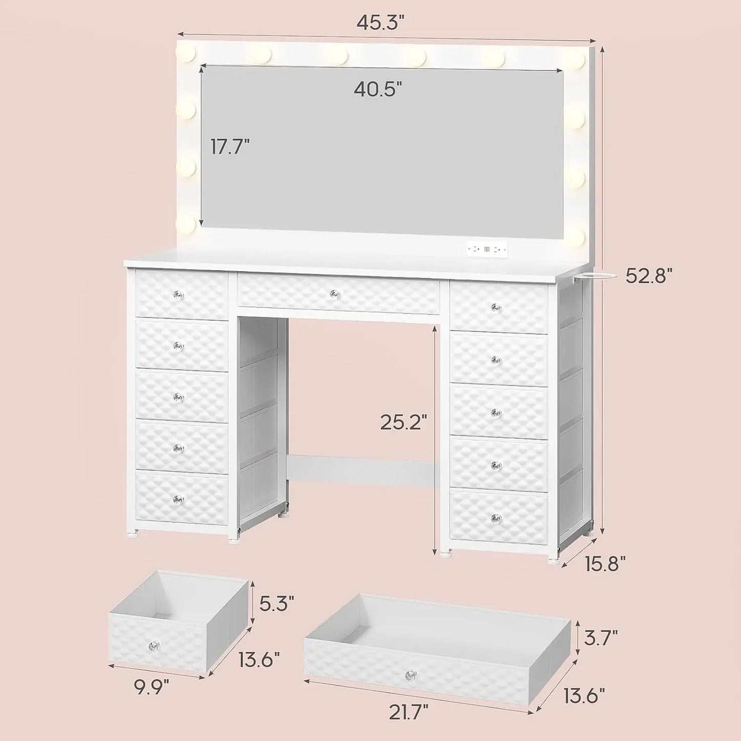 45.3" Vanity with Extra Large Mirror, Lights, Power Strip, and Storage