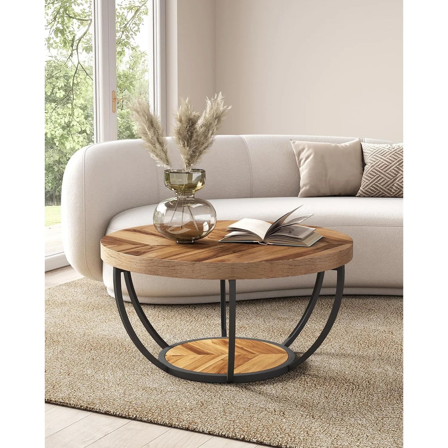 32" Circle 2-Tier Marble Coffee Tables with Golden Metal Legs