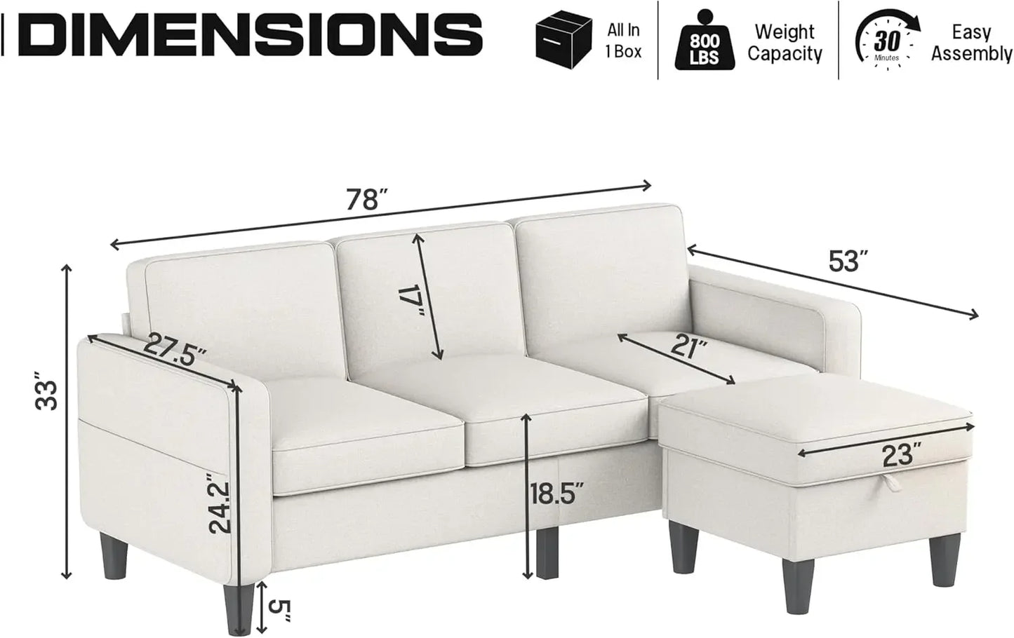 78" ZeeFu Convertible L-shaped Sectional Sofa with Storage Ottoman