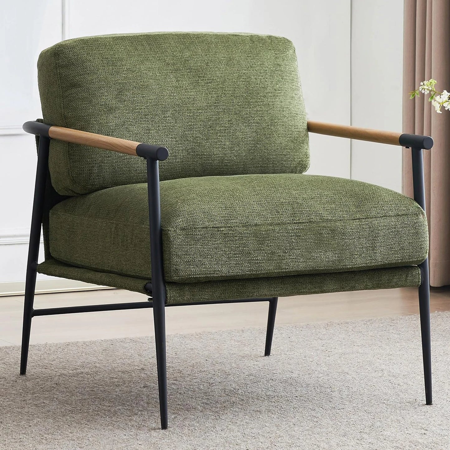 Mid Century Modern Accent Armchair with Chenille Upholstery and Metal Legs