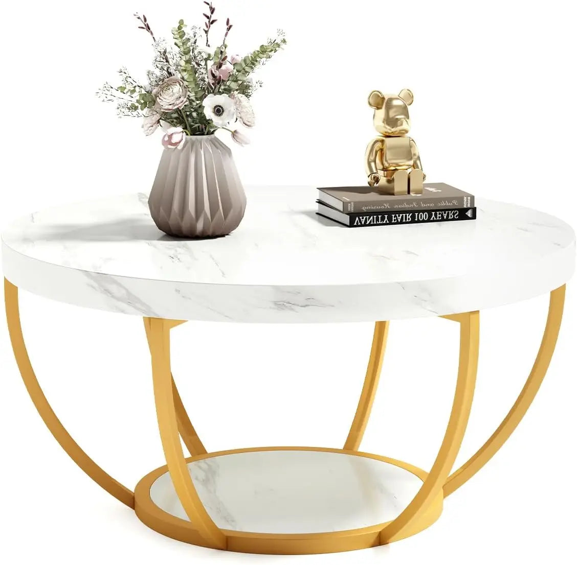 32" Circle 2-Tier Marble Coffee Tables with Golden Metal Legs