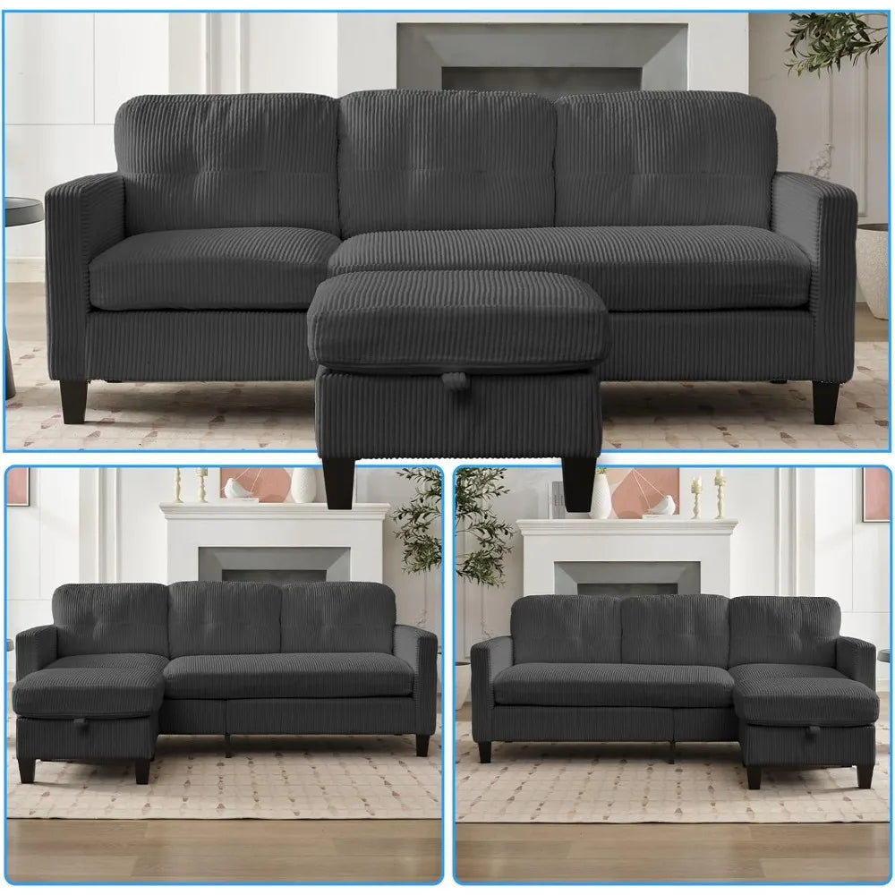 3 Seater Corduroy L-Shaped Couch with Reversible Storage Ottoman