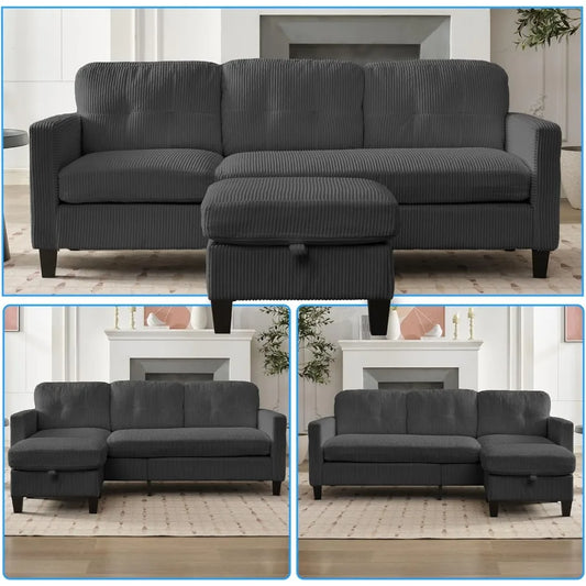 3 Seater Corduroy L-Shaped Couch with Reversible Storage Ottoman