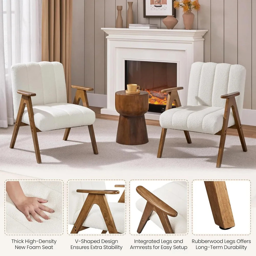 Mid Century Modern Boucle Accent Chair Set of 2 with Solid Wood Legs