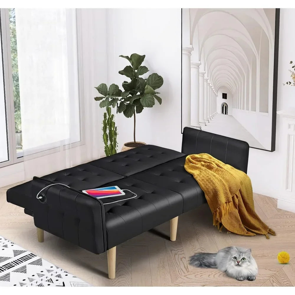 Faux Leather Convertible 65'' Folding Futon Sofa Bed w/ 2 USB, Loveseat for Small Spaces