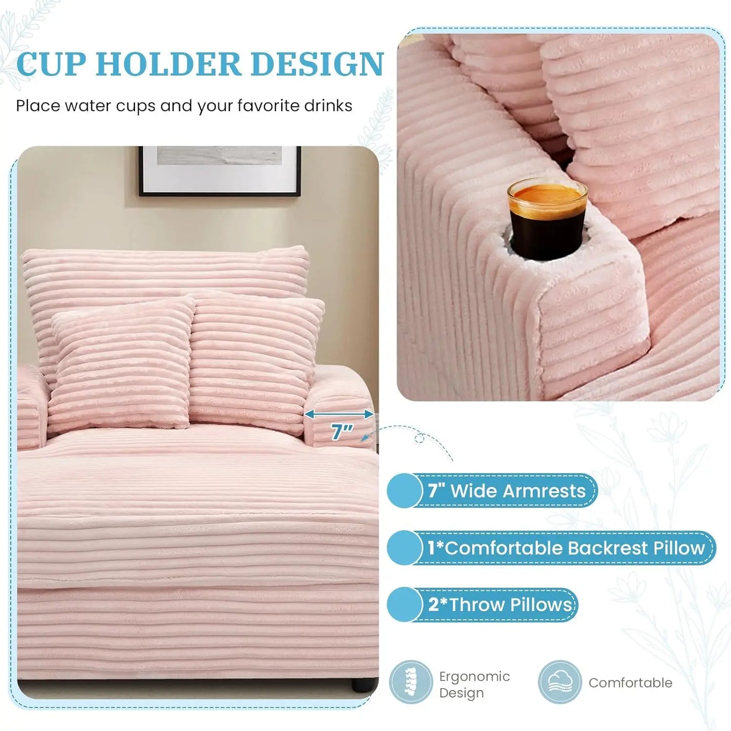 39" Wide Plush Corduroy Oversized Armchair with Ottoman with Cup Holder