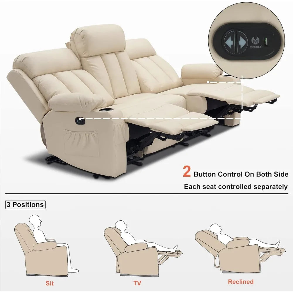 3 Seat Dual Power Reclining Sofa with Heat, Vibration, USB Ports, and Cup Holders