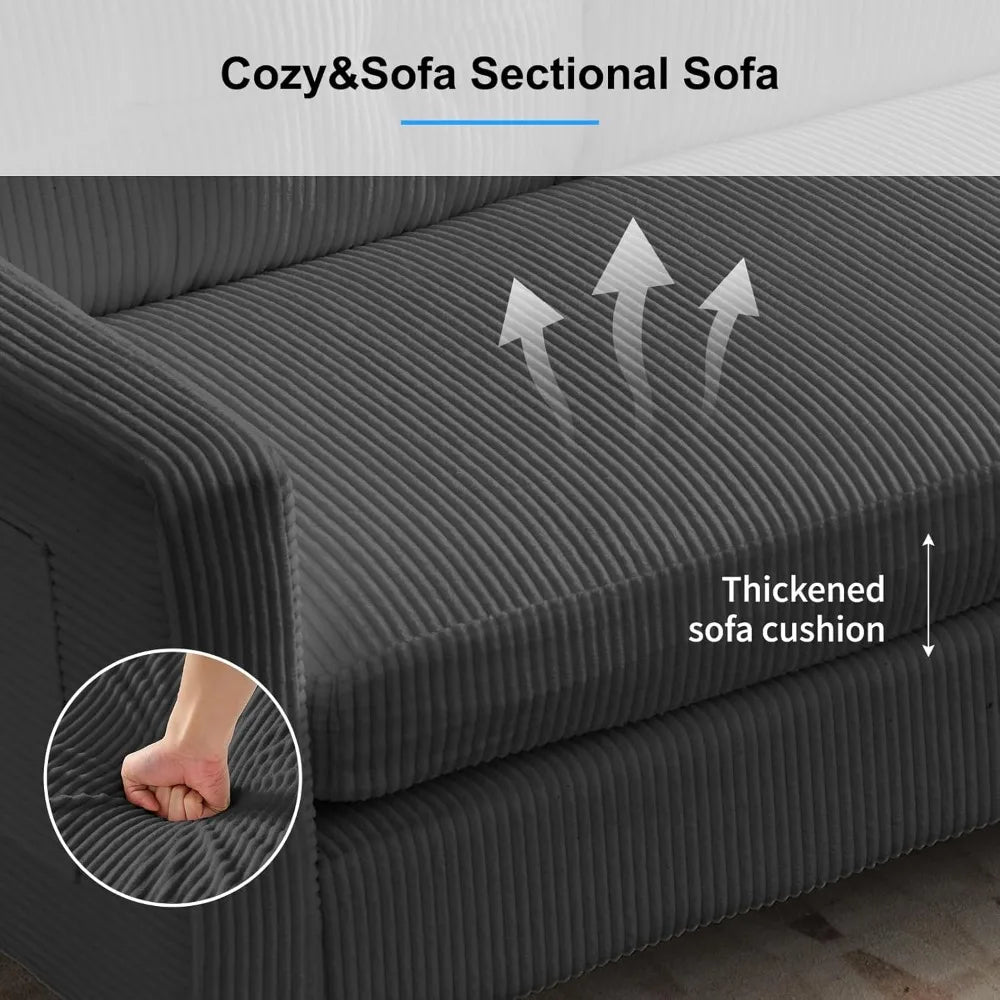 3 Seater Corduroy L-Shaped Couch with Reversible Storage Ottoman