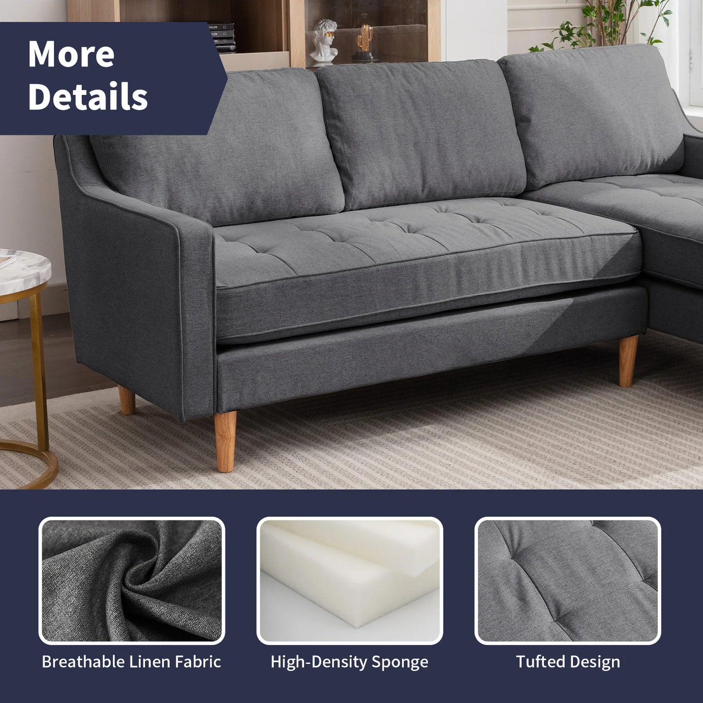 Modern 84" L-Shaped Sectional Sofa and Chaise Lounge with Solid Wood Base