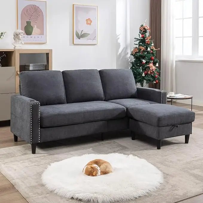 L-Shaped Convertible Sectional Couch with Storage Chaise & 2 Cup Holders