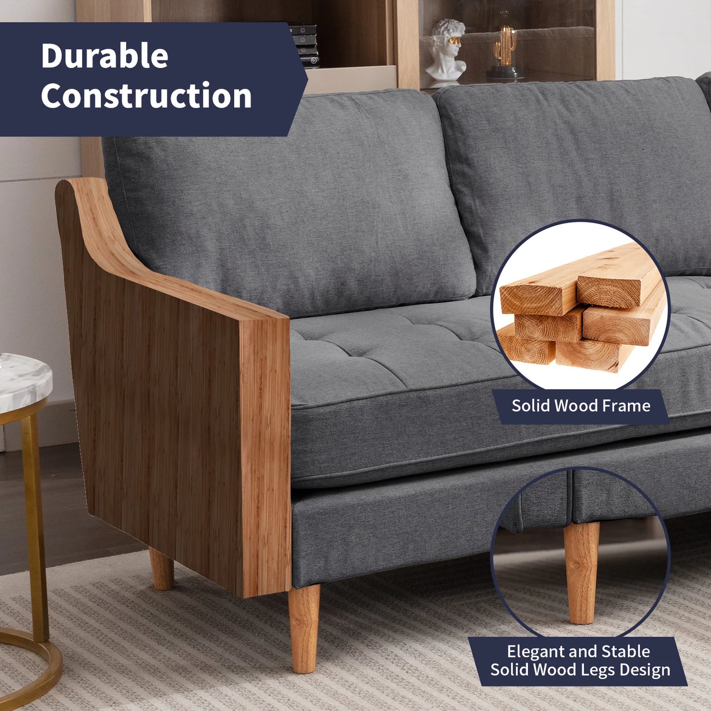 Modern 84" L-Shaped Sectional Sofa and Chaise Lounge with Solid Wood Base