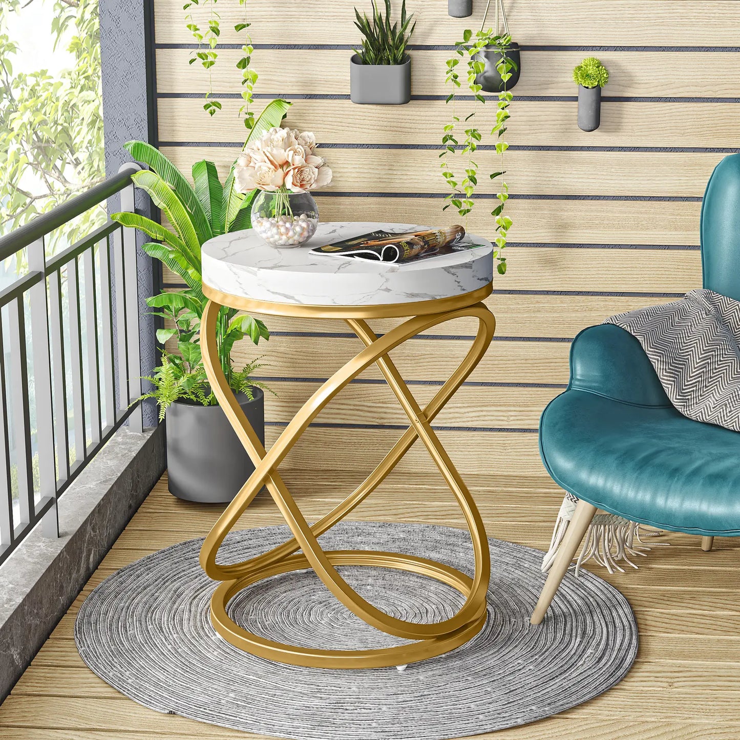26" Faux Marble Top Round End Table, Nightstand with Gold Frame