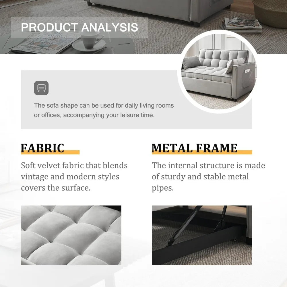 Modern Velvet Futon Sofa Bed 3 in 1 Convertible with Adjustable Backrest