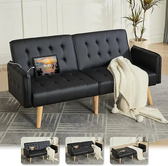 Faux Leather Convertible 65'' Folding Futon Sofa Bed w/ 2 USB, Loveseat for Small Spaces