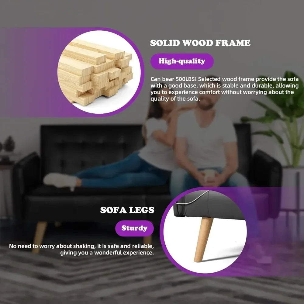 Faux Leather Convertible 65'' Folding Futon Sofa Bed w/ 2 USB, Loveseat for Small Spaces