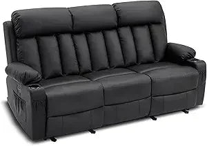 3 Seat Dual Power Reclining Sofa with Heat, Vibration, USB Ports, and Cup Holders