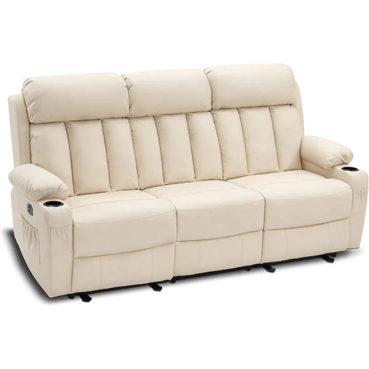 3 Seat Dual Power Reclining Sofa with Heat, Vibration, USB Ports, and Cup Holders