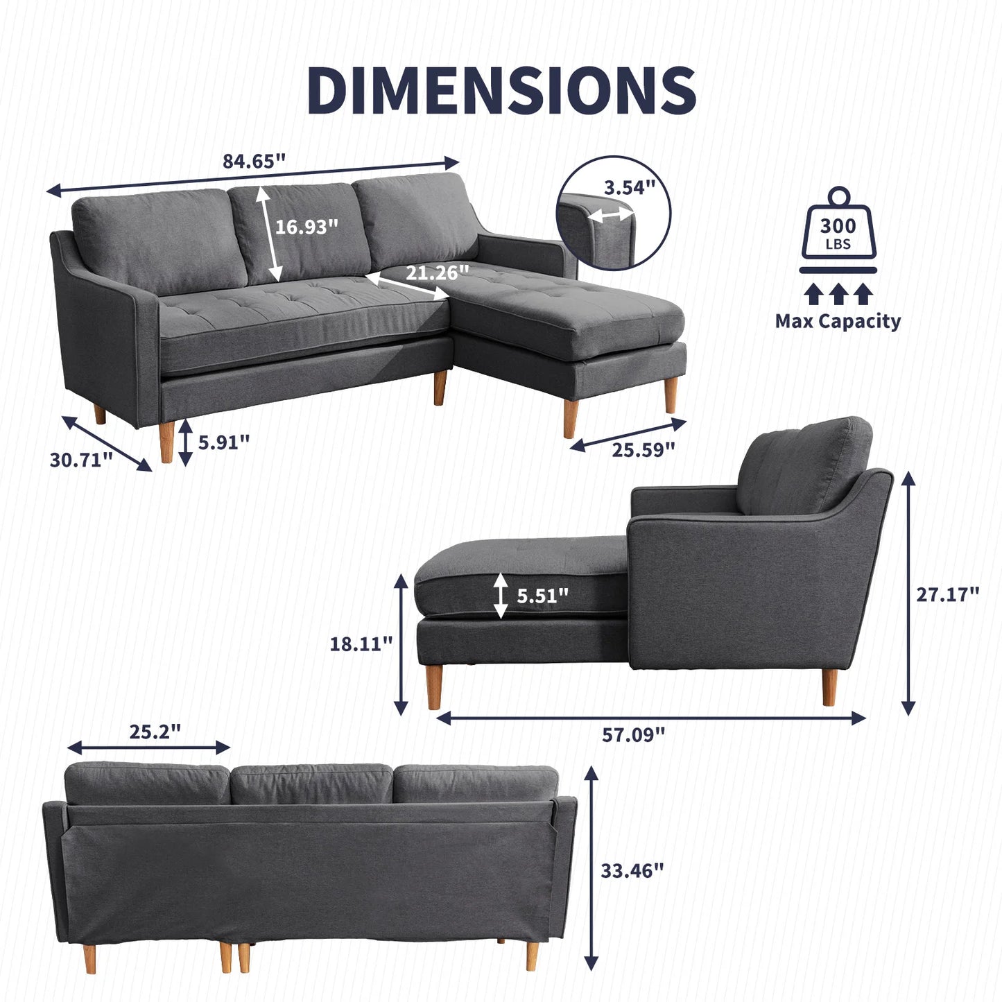 Modern 84" L-Shaped Sectional Sofa and Chaise Lounge with Solid Wood Base