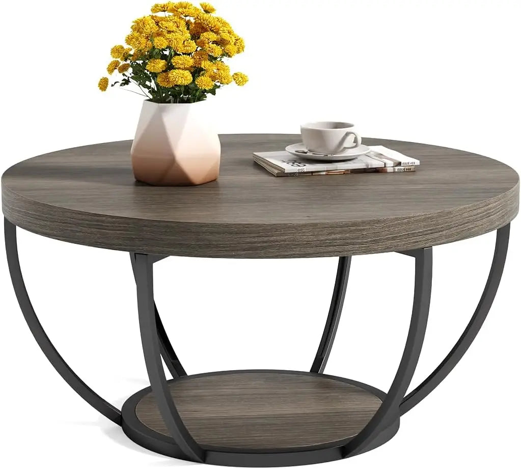 32" Circle 2-Tier Marble Coffee Tables with Golden Metal Legs