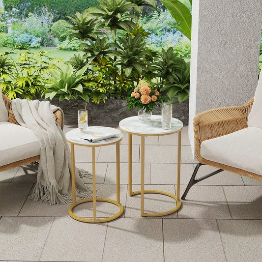 Set of 2 Sintered Stone Round Metal Base Nesting Side Table