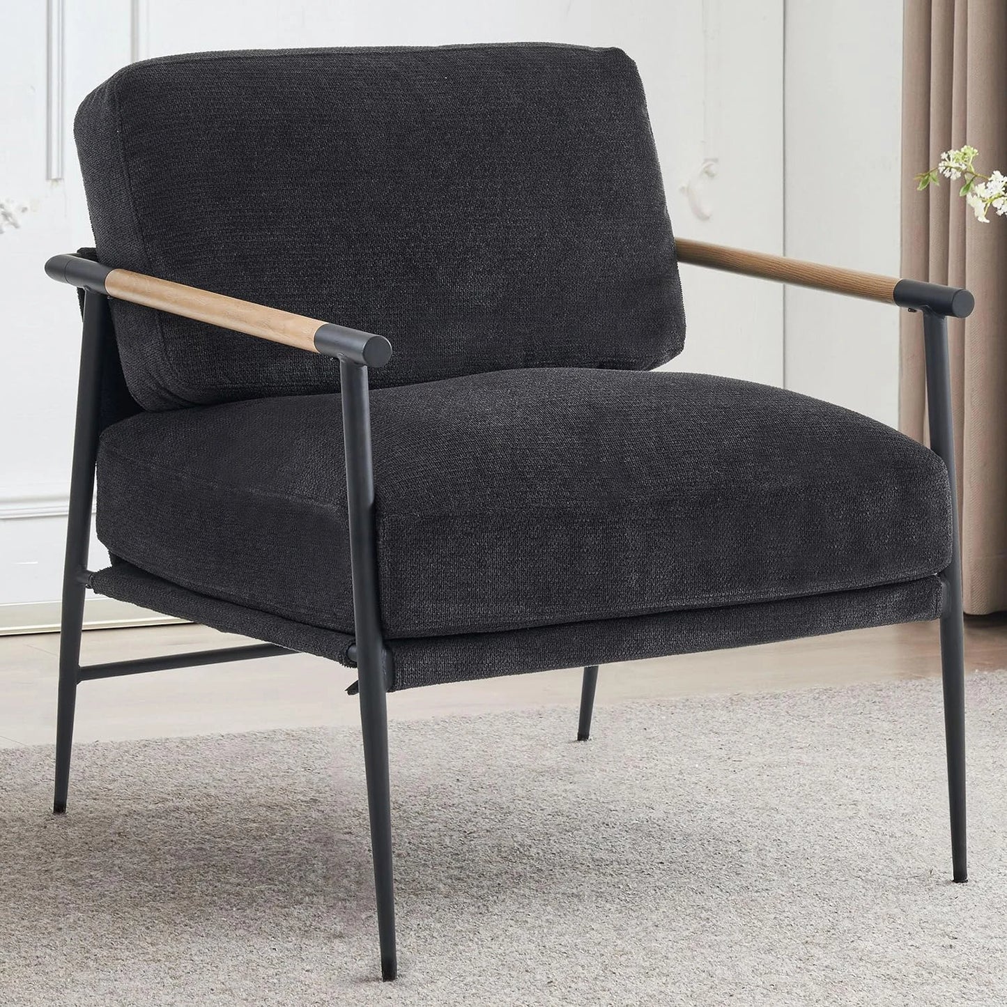 Mid Century Modern Accent Armchair with Chenille Upholstery and Metal Legs