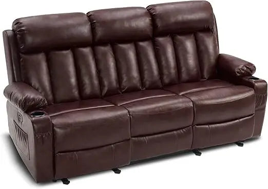 3 Seat Dual Power Reclining Sofa with Heat, Vibration, USB Ports, and Cup Holders
