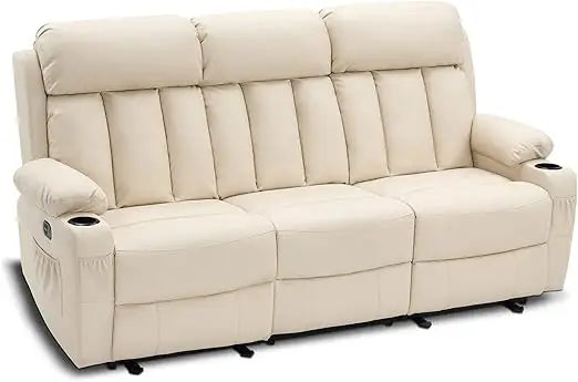 3 Seat Dual Power Reclining Sofa with Heat, Vibration, USB Ports, and Cup Holders