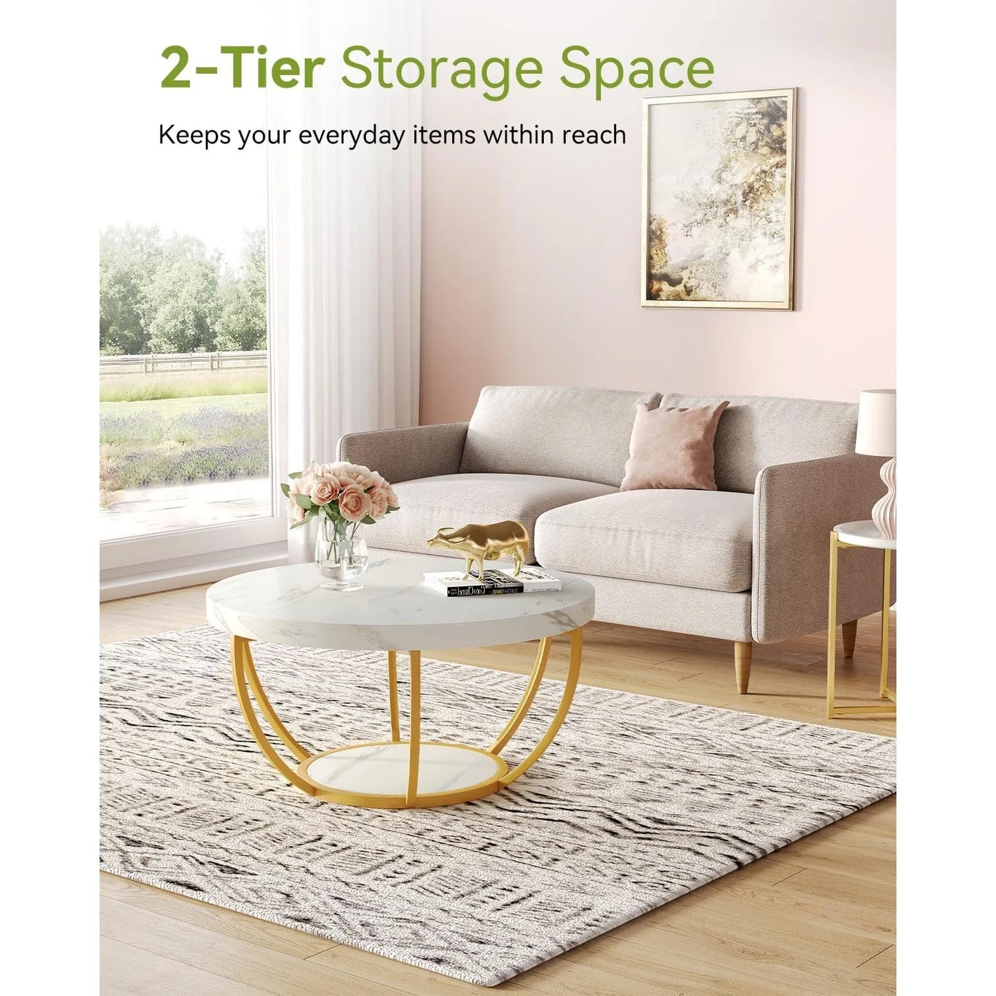 32" Circle 2-Tier Marble Coffee Tables with Golden Metal Legs