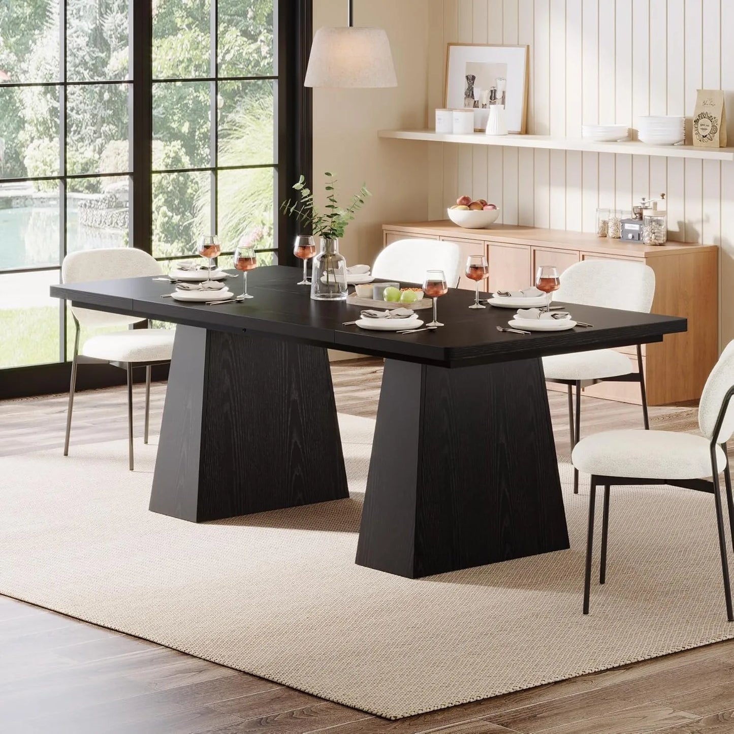 Modern 63-Inch Black Dining Table with Tapered Wood Legs