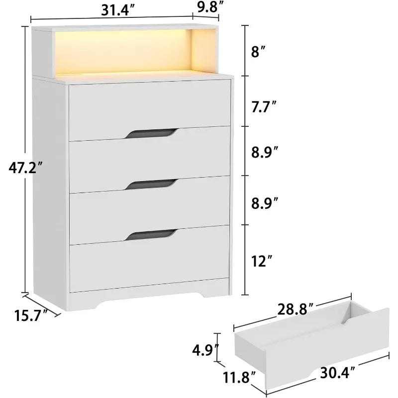 Modern 47.2" 4 Drawer Chest of Drawers with LED and Charging Station