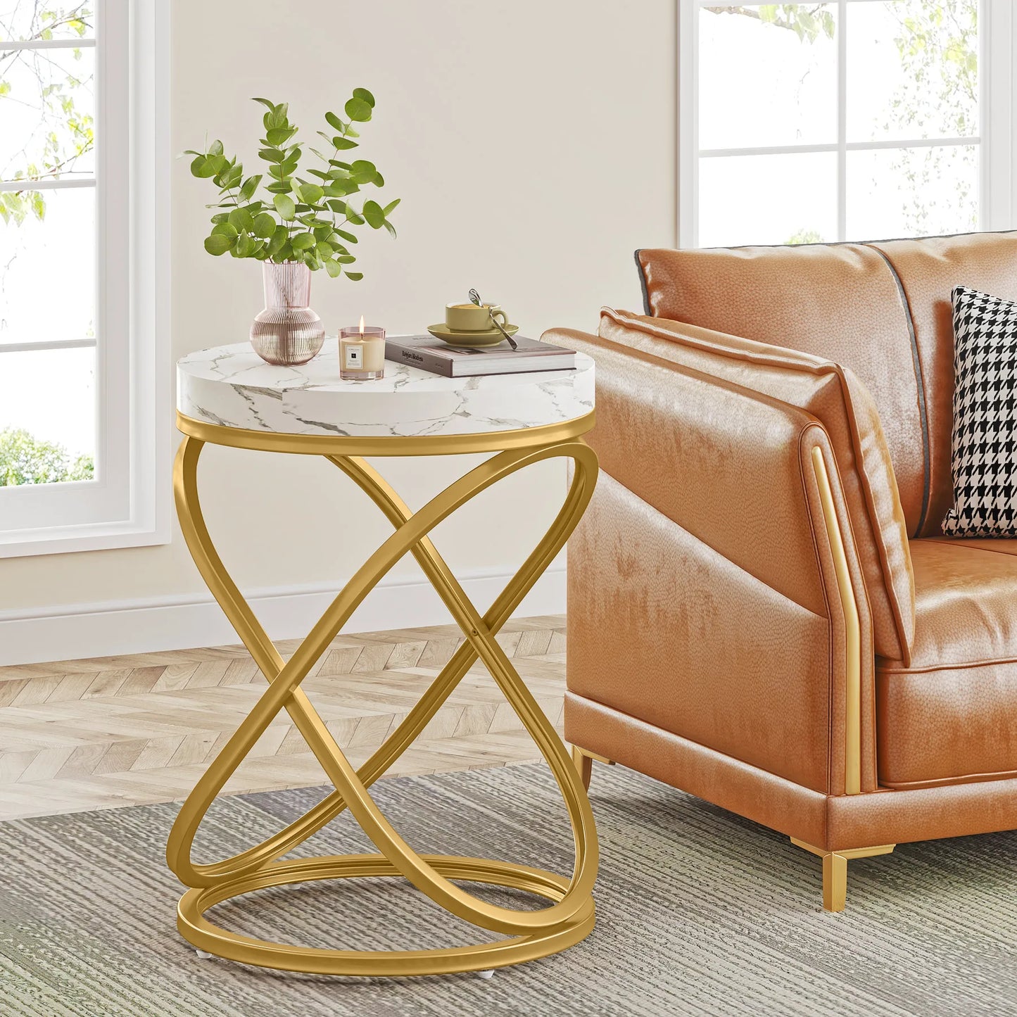 26" Faux Marble Top Round End Table, Nightstand with Gold Frame