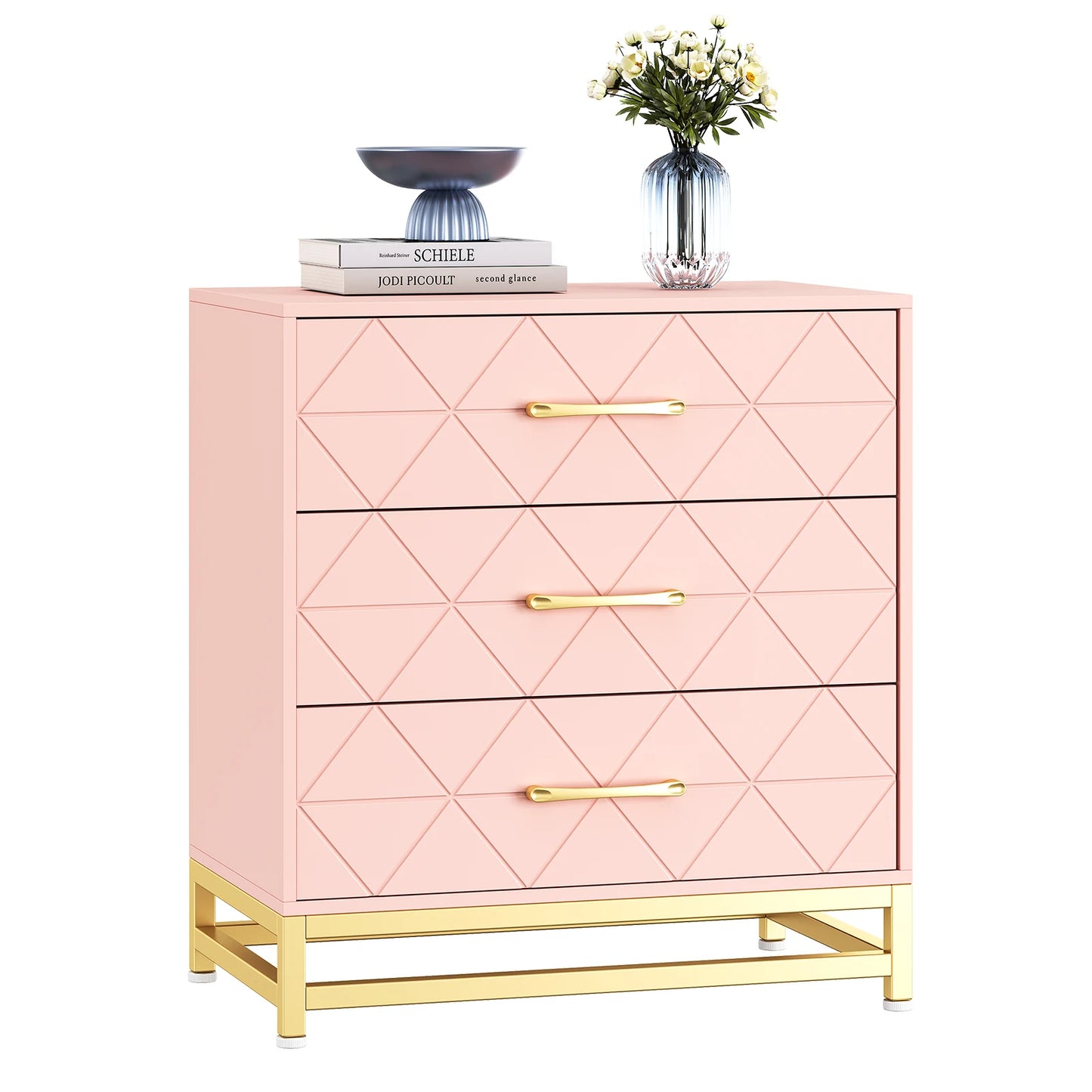Modern Wood 3 Drawer Chest of Drawers with Gold Metal Handles