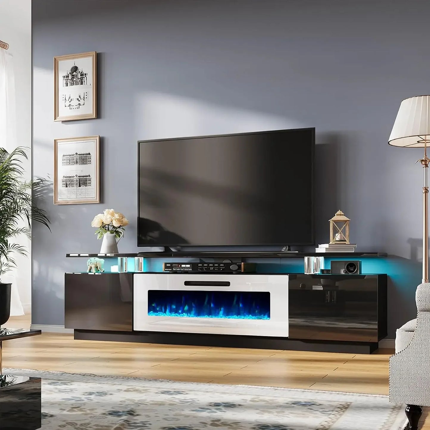 Modern High Gloss Fireplace Entertainment Center LED Lights
