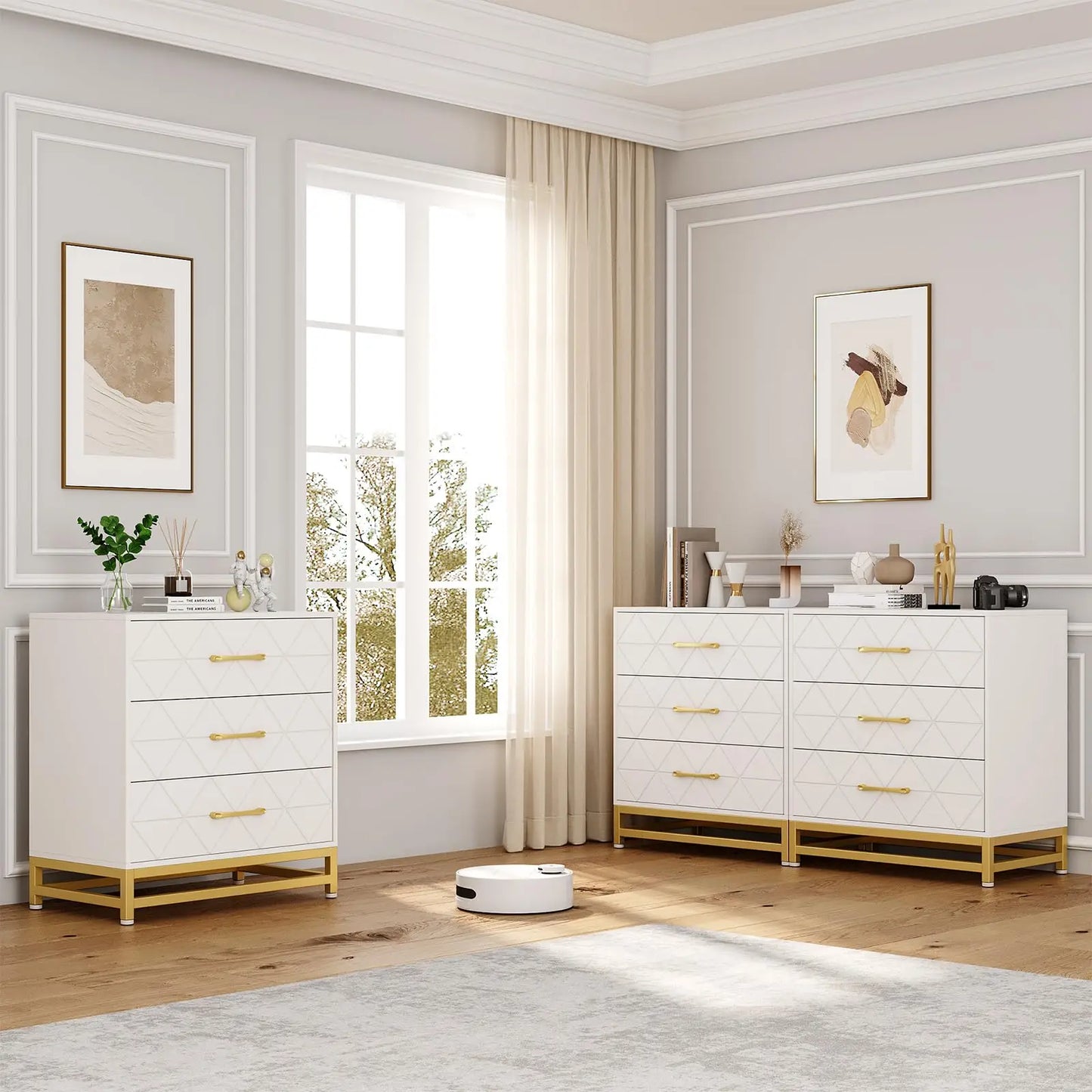 Modern Wood 3 Drawer Chest of Drawers with Gold Metal Handles