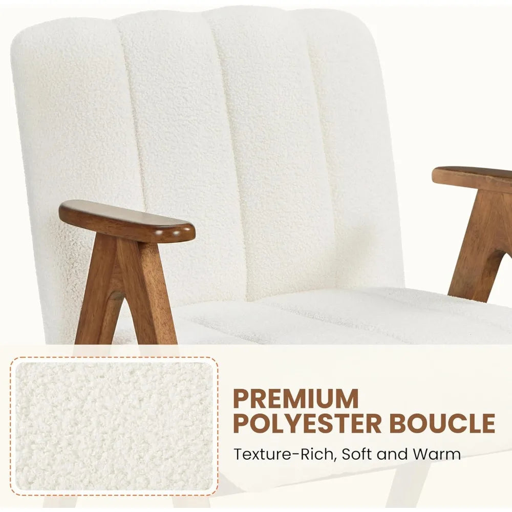 Mid Century Modern Boucle Accent Chair Set of 2 with Solid Wood Legs
