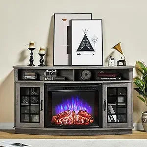 Curved Electric Fireplace Media Center TV Stand with Glass Door