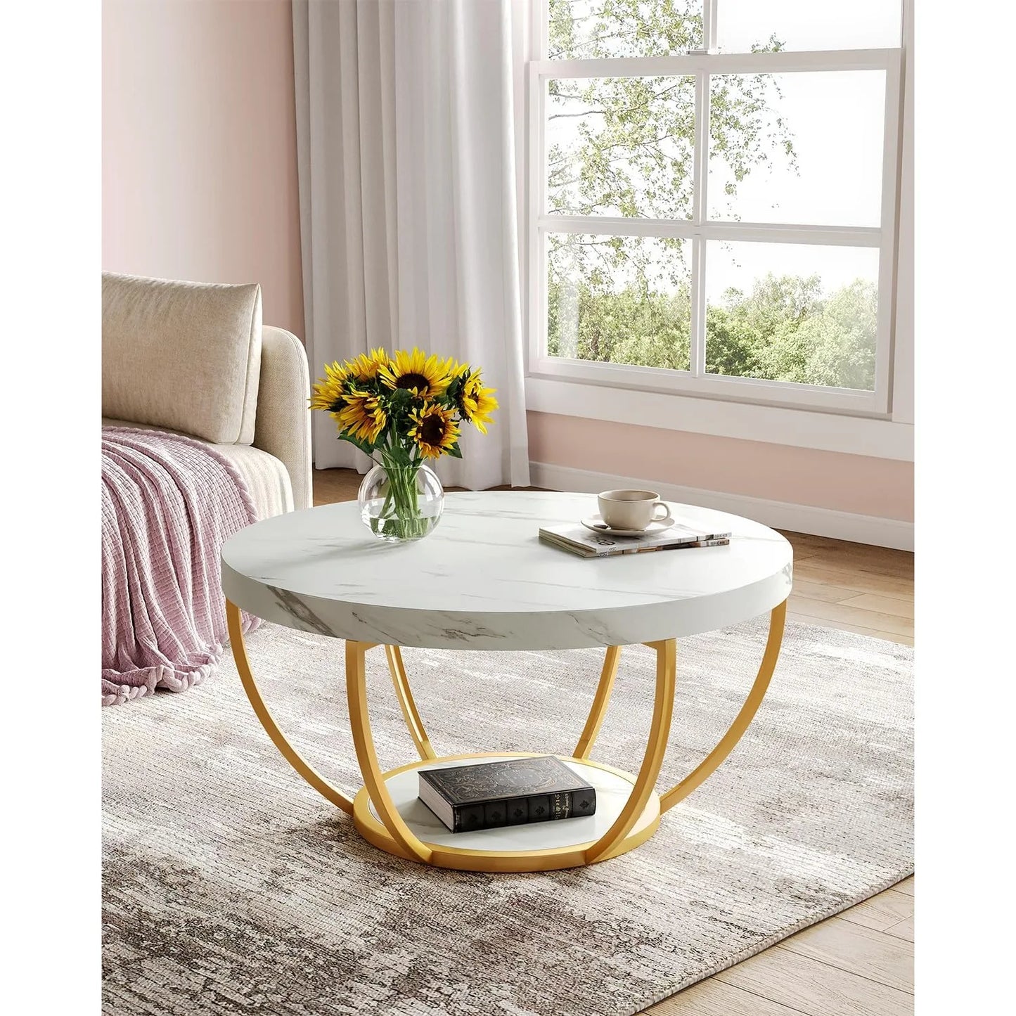 32" Circle 2-Tier Marble Coffee Tables with Golden Metal Legs