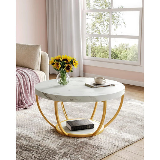 32" Circle 2-Tier Marble Coffee Tables with Golden Metal Legs