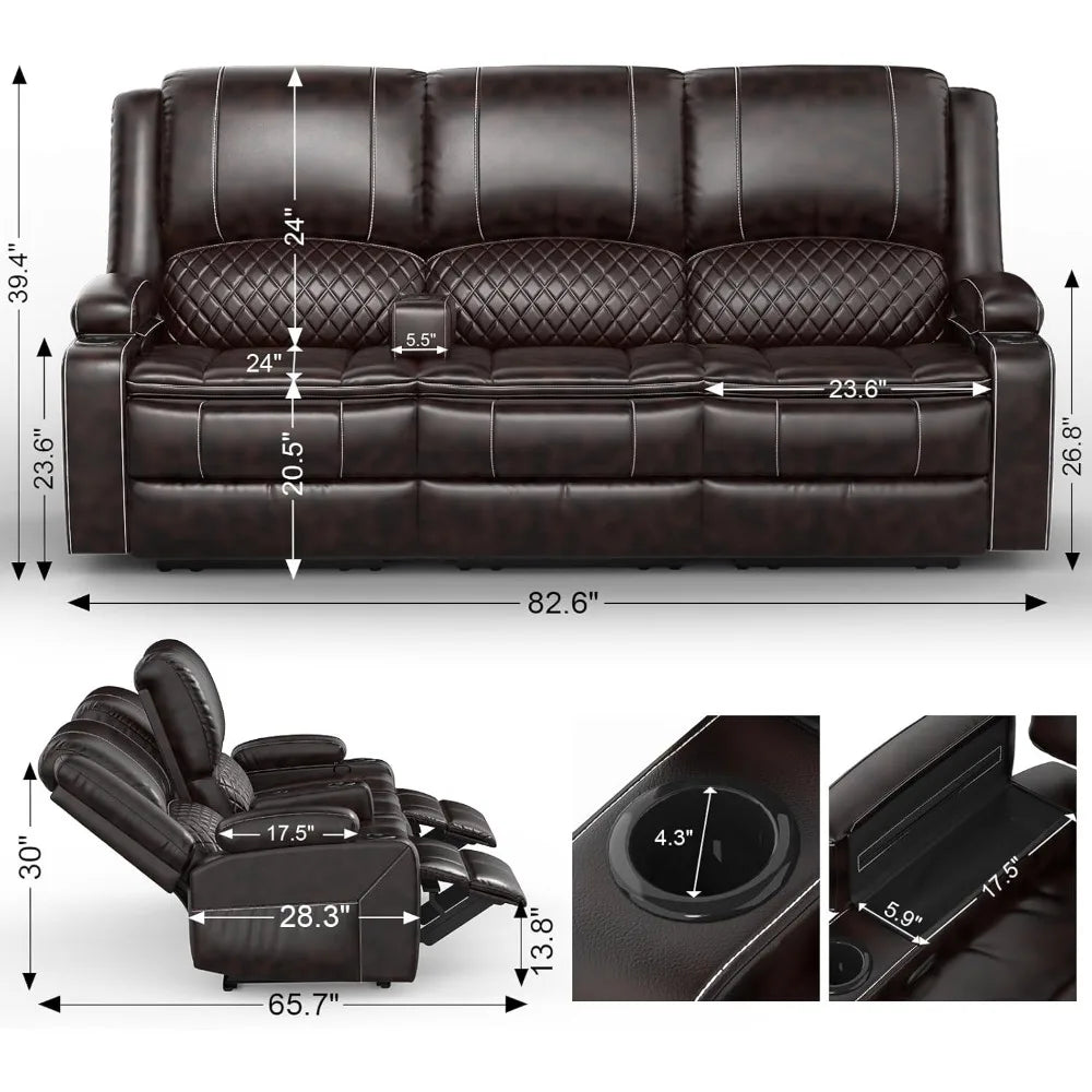 3-Seater Manual Recliner Sofa with Multi-Functional Middle Seat and Hidden Storage
