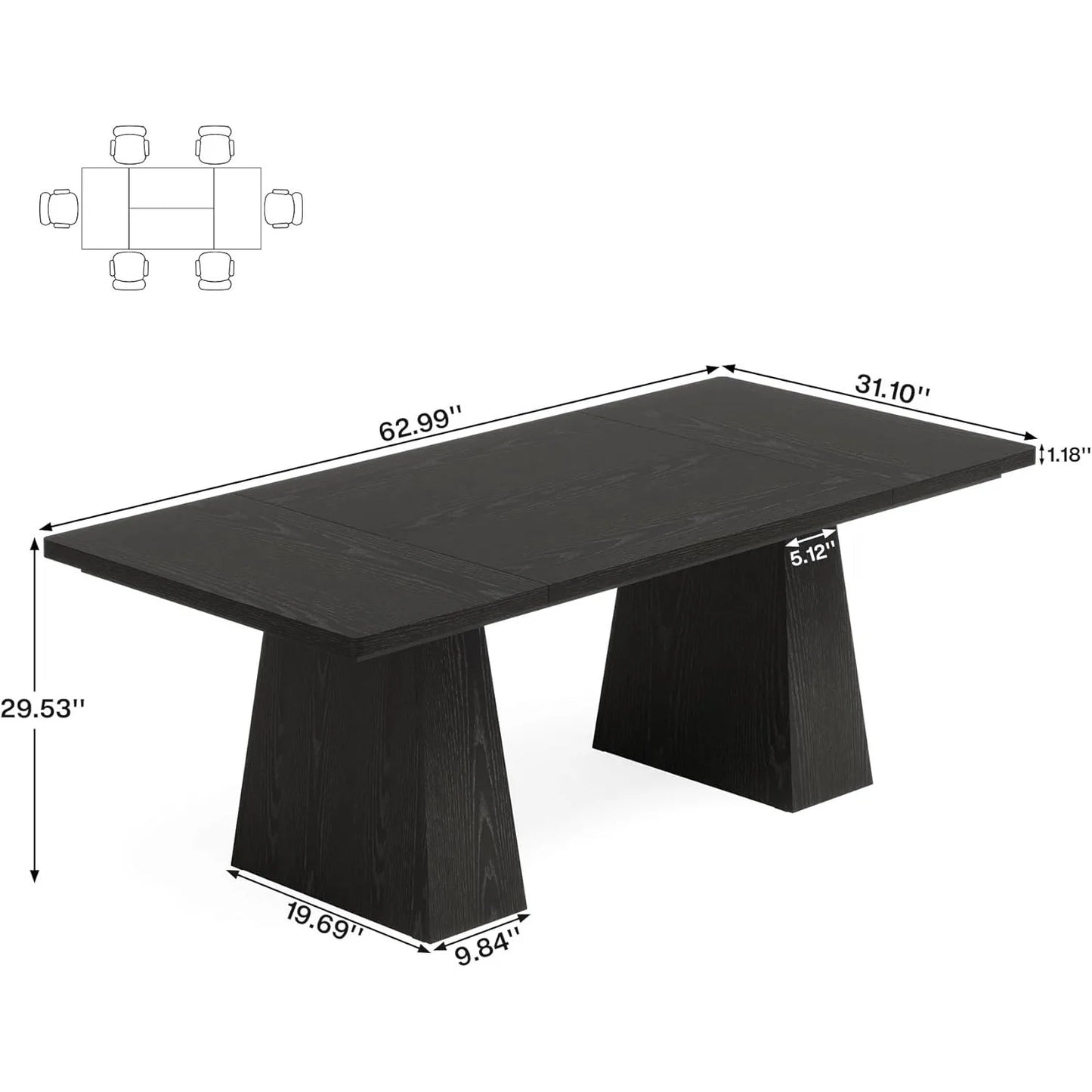 Modern 63-Inch Black Dining Table with Tapered Wood Legs