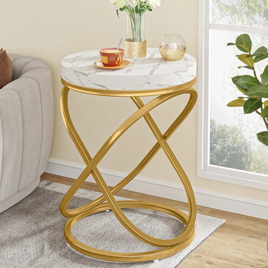 26" Faux Marble Top Round End Table, Nightstand with Gold Frame