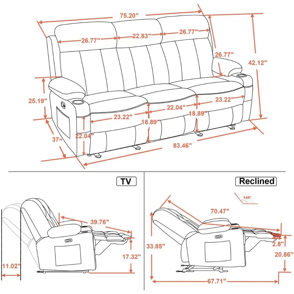 3 Seat Dual Power Reclining Sofa with Heat, Vibration, USB Ports, and Cup Holders