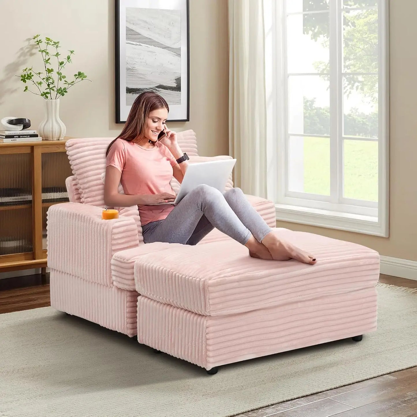 39" Wide Plush Corduroy Oversized Armchair with Ottoman with Cup Holder