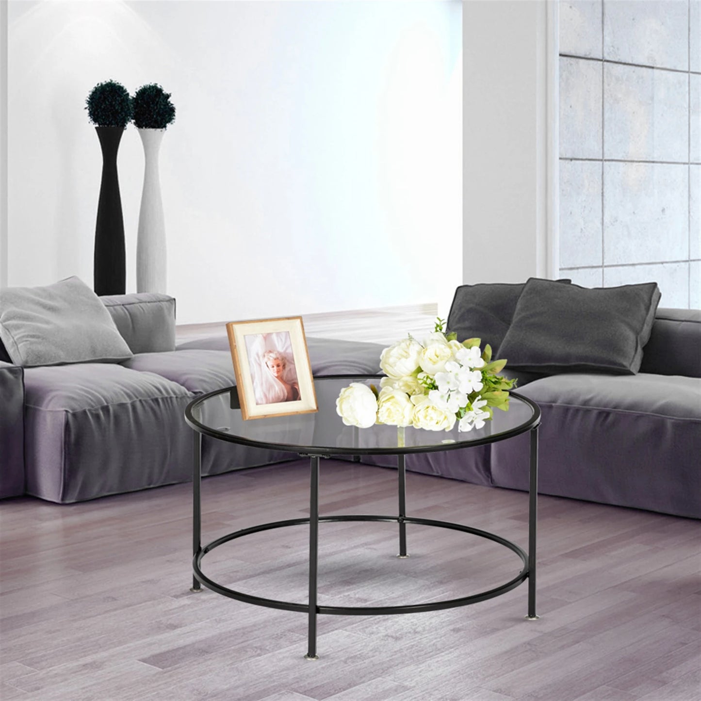2-Tier 5mm Thick Round Tempered Glass Coffee Table with Black Wrought-Iron Frame