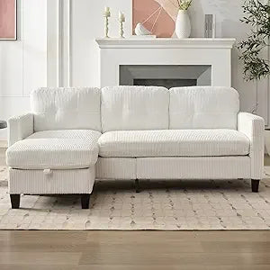 3 Seater Corduroy L-Shaped Couch with Reversible Storage Ottoman